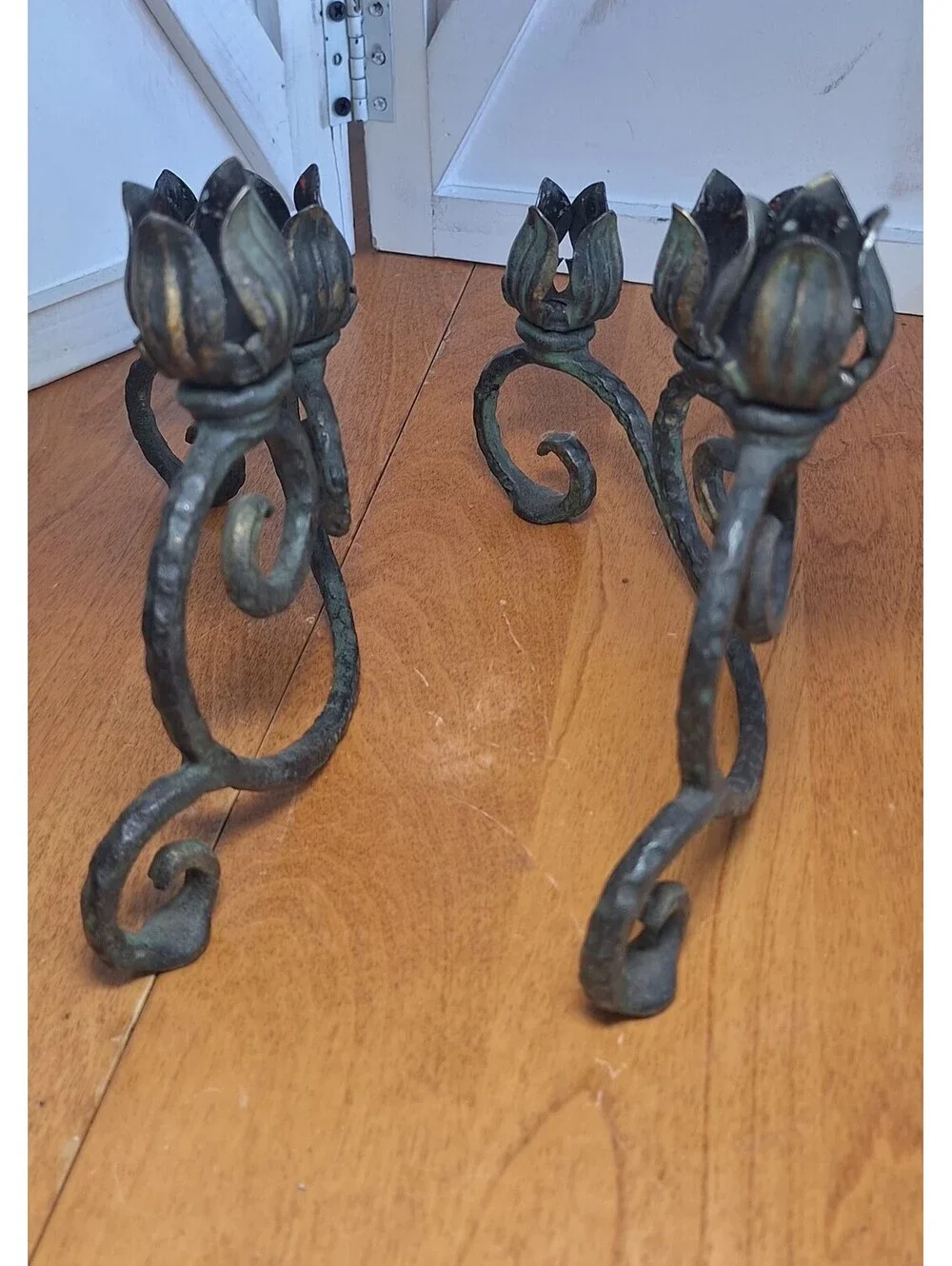 VTG Pair Brass/cast Iron Candlestick holders Tulip Buds on each Scroll Design